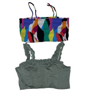 2 - Bandeau Crop Smocked Top Women's Size XL Green & Multi Color‎ NWT